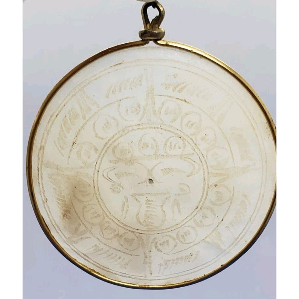 Vintage Necklace Pendant Medallion Myan Sun God Carved Quartz Beaded Chain Gem